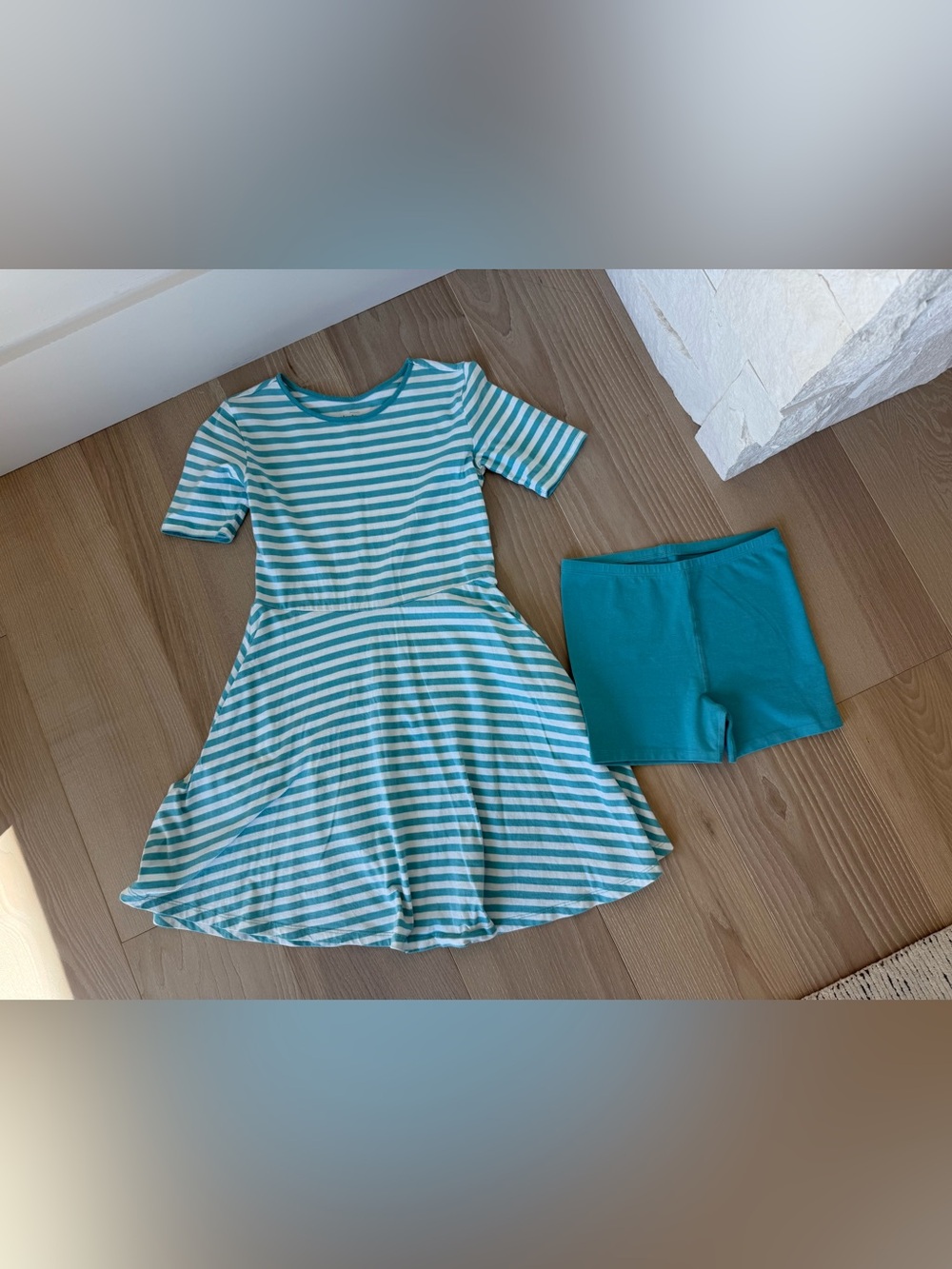 Primary Teal & White Striped Play Dress with Teal Bike Shorts